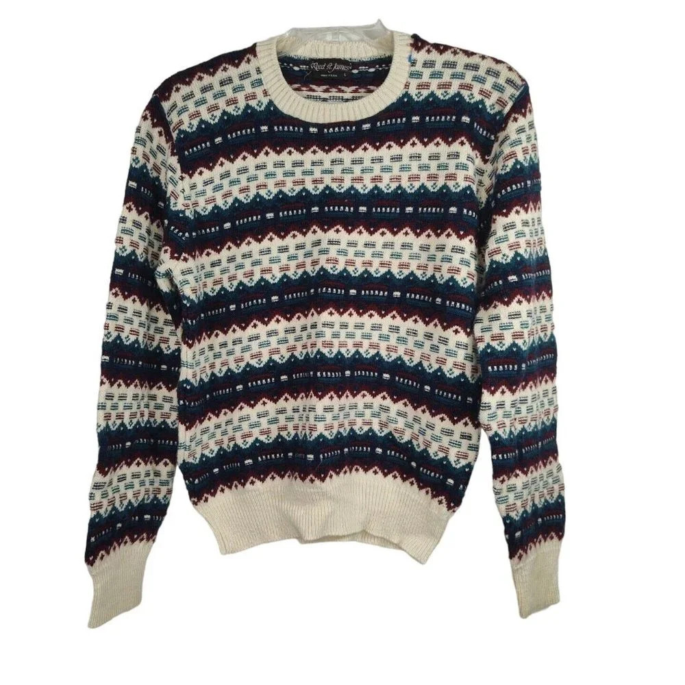 Vintage Reed St James Cream Green Red Sweater Men Size L Crewneck Long Sleeve